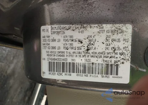 2003 Dodge Dakota Slt из США, поврежденный, VIN 1D7HG48N43S314433